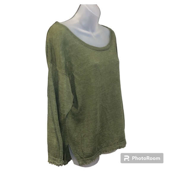 J. Crew Women Military Green Linen Scoop Neck Sweater with Lace Trim Size Large - Picture 2 of 12